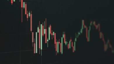 Stock market chart shows a declining trend.